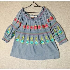 Vintage King Ranch Tunic Top Womens Large Oversized Chambray Floral‎ Embroidered